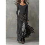 Alina | Damen Grau Langarm Maxikleid mit Muster – Grau