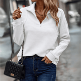 Almeke | Damen Gerippter Pullover mit Reißverschluss – Weiß