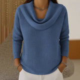 Almeke | Damen Strickpullover Wasserfallkragen Waffelstruktur – Blau