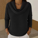 Almeke | Damen Strickpullover Wasserfallkragen Waffelstruktur – Schwarz