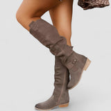 Almina | Damen Kniehohe Stiefel mit weitem Schaft – Grau-Braun