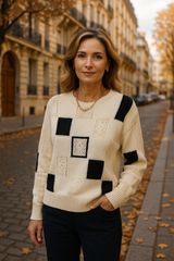 Almira | Damen Strickpullover Patchwork Rundhals – Weiß