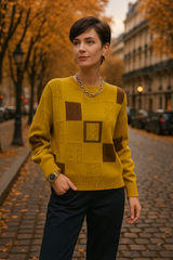 Almira | Damen Strickpullover Patchwork Rundhals – Gelb