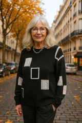 Almira | Damen Strickpullover Patchwork Rundhals – Schwarz