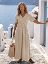 Alvara | Damen Wickelkleid Midi V-Ausschnitt – Elegantes Sommerkleid Büro & Hochzeit 2026 – Beige