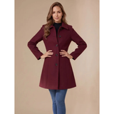 Amea | Damen Trench Coat lang geschnitten mit Kragen und Knöpfen – Dunkelrot