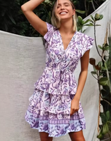 Anika | Damen Blumenkleid V-Ausschnitt Gestuftes Minikleid – Lila