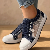 Anouk | Damen Orthopädische Sneaker mit Schnürschuh und Blumen – Marineblau