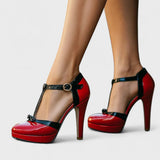 Damen-Pumps mit hohem Absatz und Fesselriemen – Rot