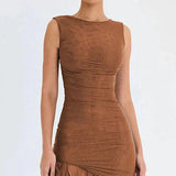 Midi-Kleid für Damen mit Rüschen und figurbetonter Passform | Ärmellos mit Rüschen – Braun Charlotte