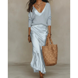 Aurelia | Damen Langarm Maxikleid mit Pullover und Satin Rock – Hellblau