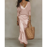 Aurelia | Damen Langarm Maxikleid mit Pullover und Satin Rock – Rosa