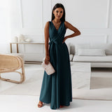 Aurelie | Damen Wickel Maxi Kleid Ärmellos – Dunkelgrün