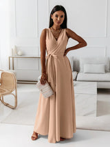 Aurelie | Damen Wickel Maxi Kleid Ärmellos – Khaki