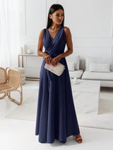 Aurelie | Damen Wickel Maxi Kleid Ärmellos – Marineblau