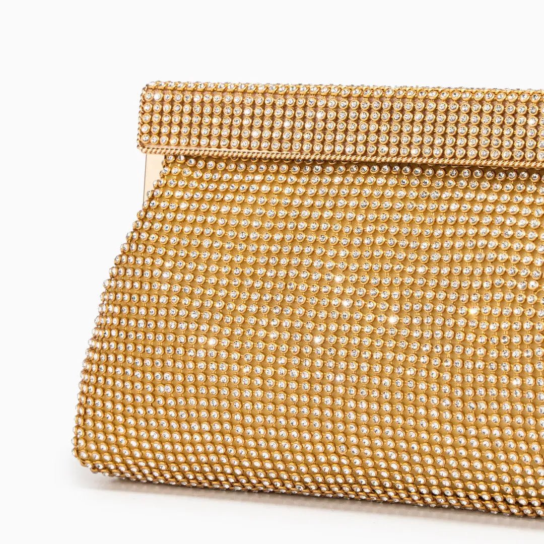 Aurielle | Goldene Clutch mit Kristallbesatz & Schnappverschluss – Elegante Abendtasche für Damen
