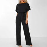 Weites Bein Jumpsuit Damen – Gürtel & Kurzarm – Schwarz