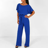 Weites Bein Jumpsuit Damen – Gürtel & Kurzarm – Blau