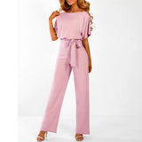 Weites Bein Jumpsuit Damen – Gürtel & Kurzarm – Rosa