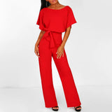 Weites Bein Jumpsuit Damen – Gürtel & Kurzarm – Rot