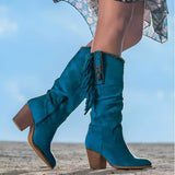 Marina | Boho kniehohe Wildlederstiefel mit Fransen und Türkisdetails – Blue