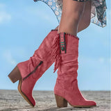 Marina | Boho kniehohe Wildlederstiefel mit Fransen und Türkisdetails – Red