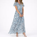 Scarlett | Florales Herbst-Hochzeits Maxikleid aus Chiffon mit Volantärmeln – Blau