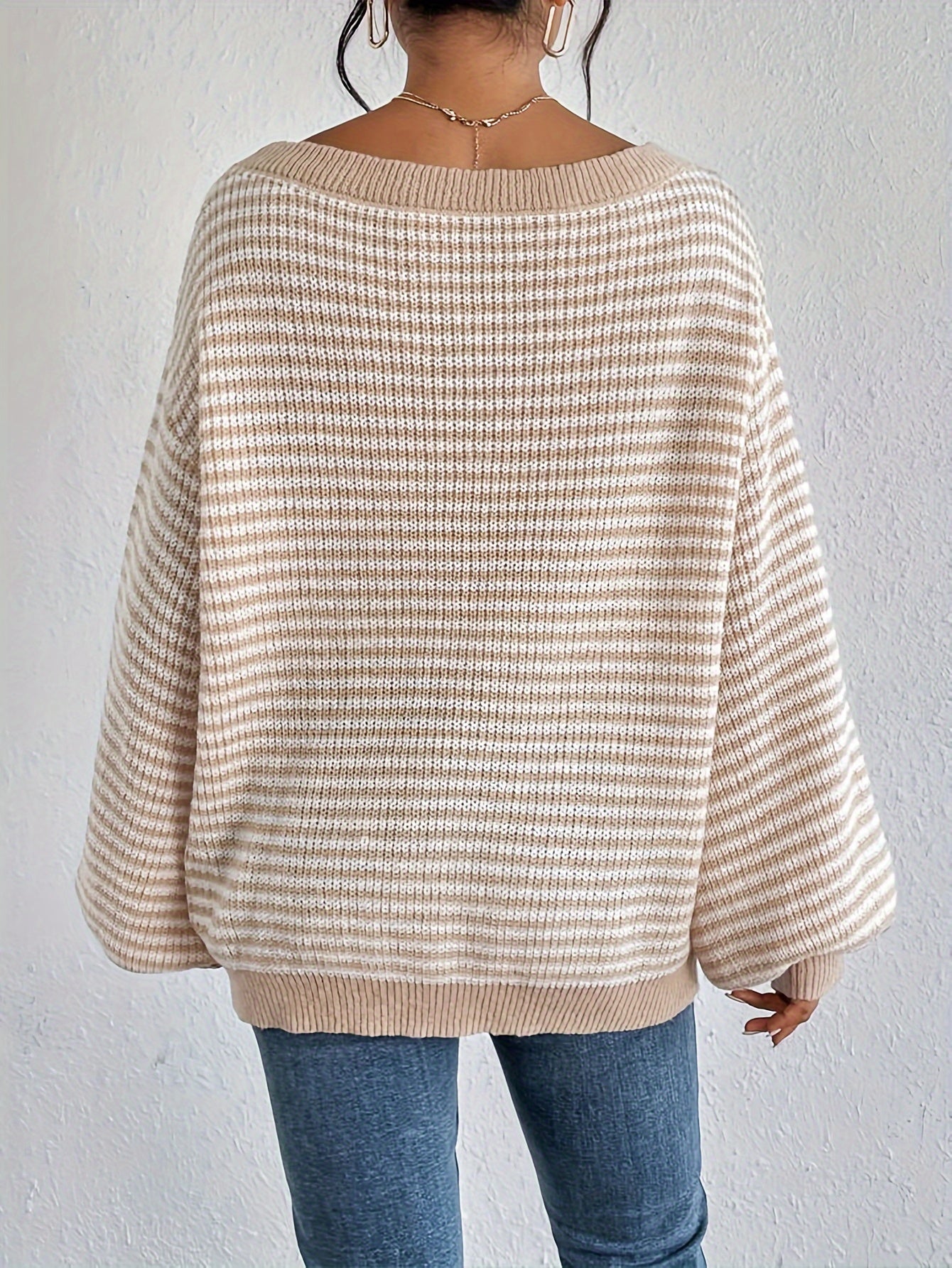 Lässiger Oversized Strickpullover aus Baumwolle mit Streifen und Elastischem Stoff für Damen | Ideal für den Winter