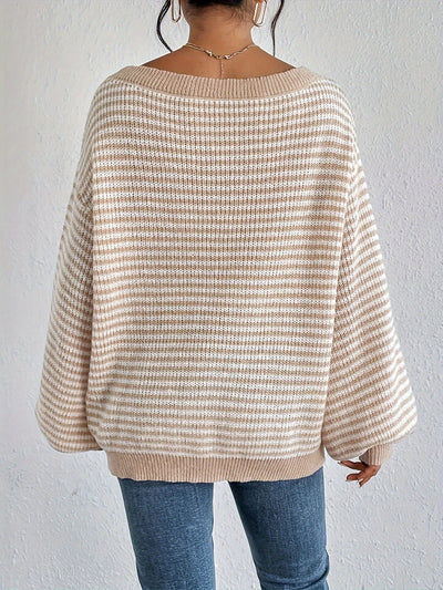 Lässiger Oversized Strickpullover aus Baumwolle mit Streifen und Elastischem Stoff für Damen | Ideal für den Winter
