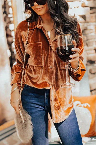 Bryen® | Samtbluse mit Knopfverschluss und Taschen