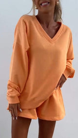 Damen V-Ausschnitt Gestreiftes Langarm Zweiteiler Set – Lässiges Outfit – Orange