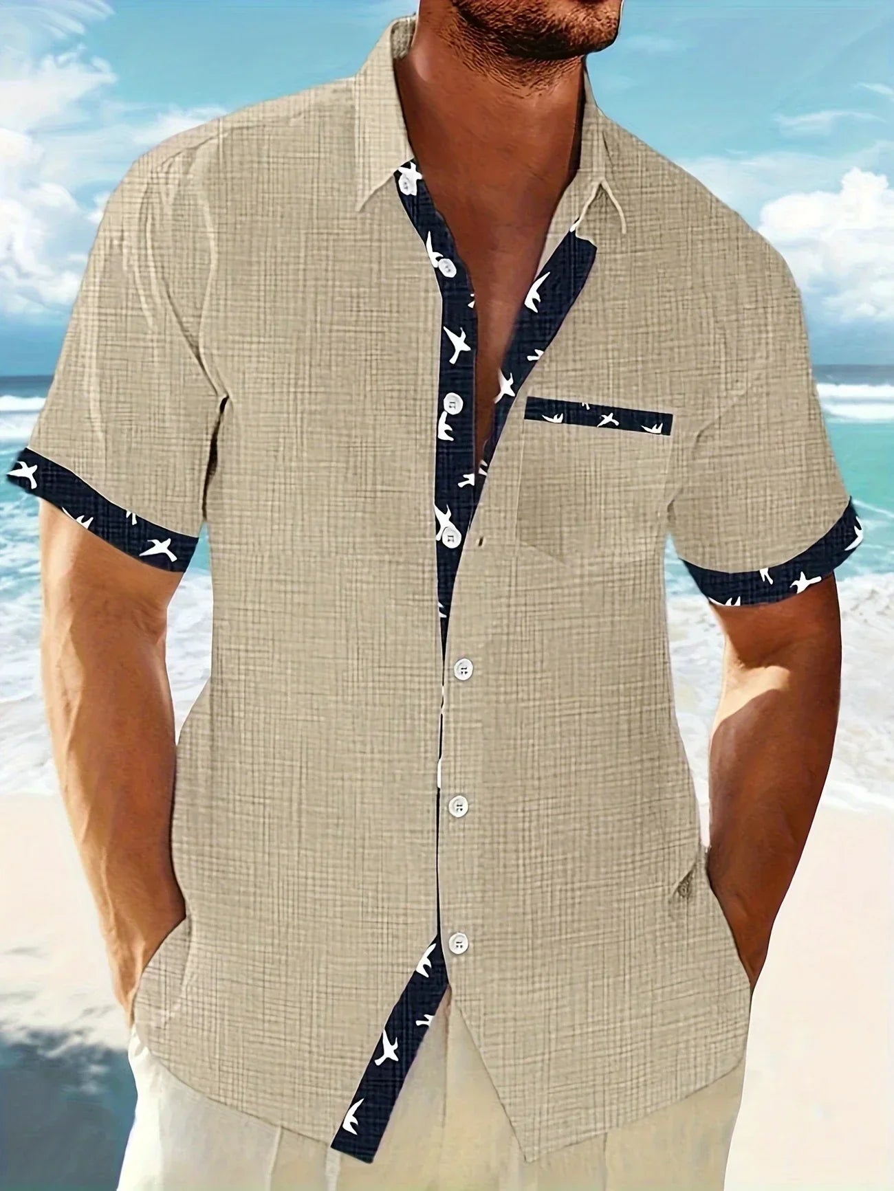 Trofim – Elegantes Niedliches Hemd Mit Vogel Drucken