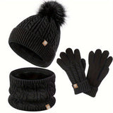 3-teiliges Winterset für Damen mit Mütze, Schal und Handschuhen – Schwarz