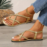 Julia | Damen Frühlings Geflochtene Flache Sandalen – Gold