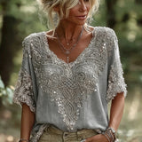 Henrietta - Vintage-Bluse mit Häkel-Details – Grau