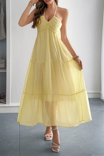 Lara® | Maxikleid mit Unifarbenem Halfter Hals und Bindung im lässigen Urlaubsstil