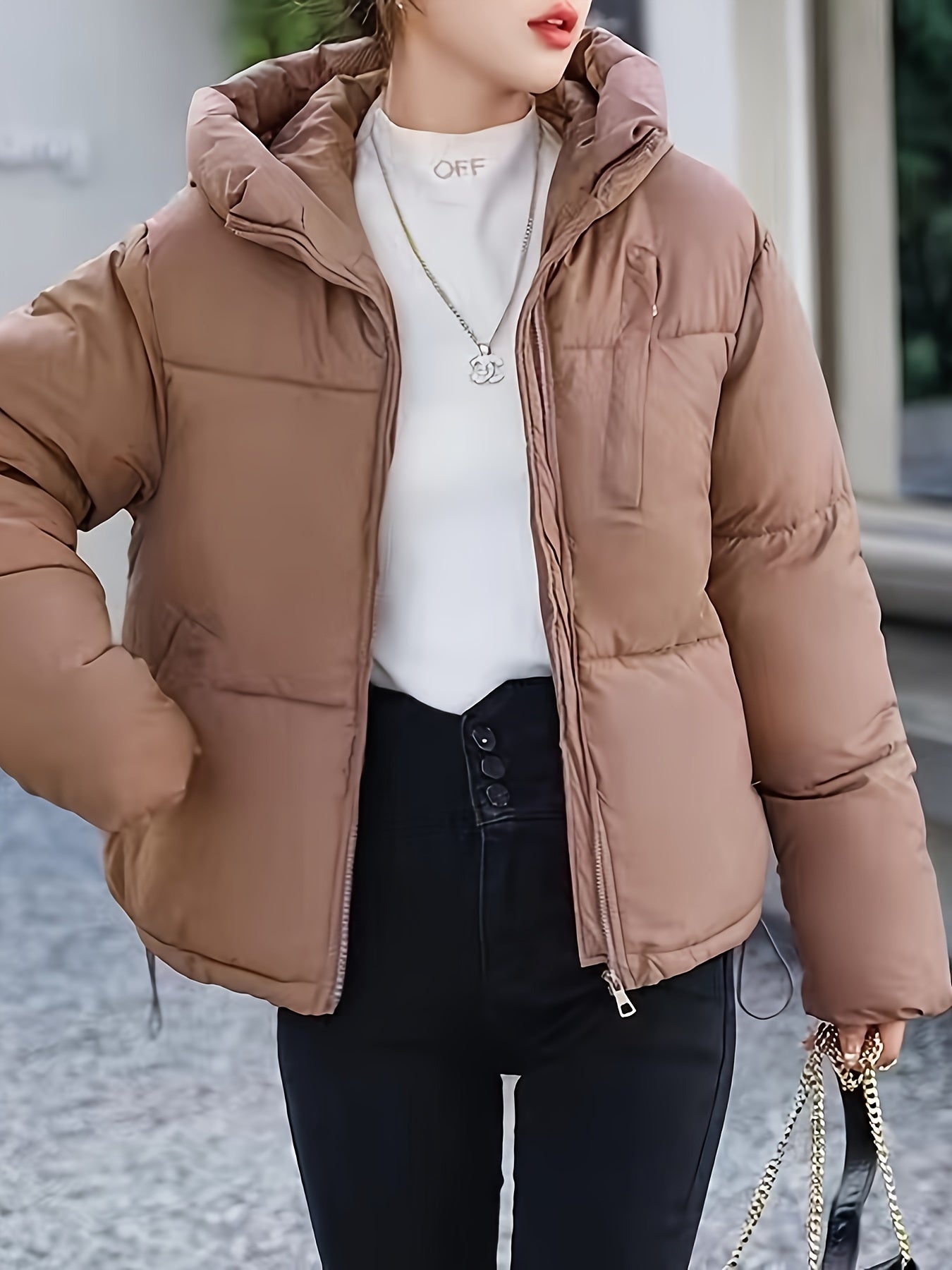 Elegante Kurze Puffer Braune Winterjacke mit Kapuze für Damen | Ideal für den Winter