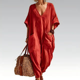 Evelisse - Luftiger Jumpsuit mit Fledermausärmeln und Taschen – Rot