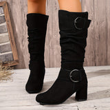 Hedvig | Damen kniehohe Stiefel in Slouch-Optik mit Doppelschnalle – Schwarz