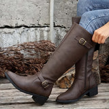 Calixta | Damen kniehohe Stiefel mit Doppelschnallen – Dunkelbraun