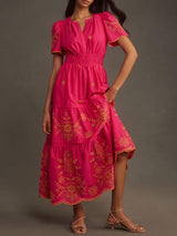 Damen Fließendes Bedrucktes Maxikleid Mit Geraffter Taille – Elegantes Sommerkleid – Rosa