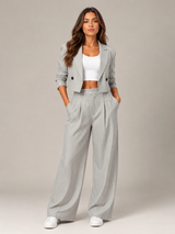 Hosenanzug Damen Nadelstreifen mit Cropped Blazer – Grau