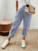 Gestreifte Damenhose mit hoher Taille – Blau