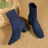 Kindra | Damen Strick-Stiefelette mit Blockabsatz und eckiger Zehenform – Blau
