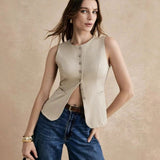 Clara | Bodywarmer Damen Elegante Ärmellose Knopfleisten-Weste – Khaki