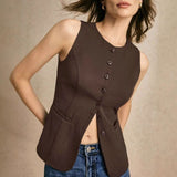 Clara | Bodywarmer Damen Elegante Ärmellose Knopfleisten-Weste – Kaffee