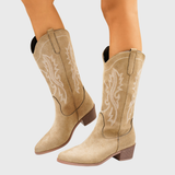 Cambria | Damen Westernstiefel mit weitem Schaft und Blockabsatz – Sepia