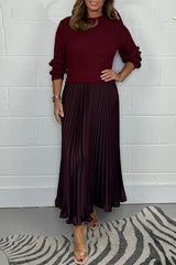 Jette | Damen Strickkleid Midi mit Plisseerock – Weinrot