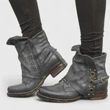 Brunhild | Damen Stiefelette Vintage Nieten Blockabsatz – Grau