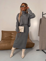 Brunwig | Damen Strickkleid Midi Zweiteiler – Grau